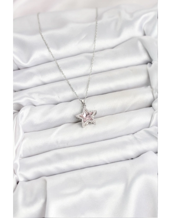 316l Çelik Zincir Gümüş Renk Pembe Taşlı Yıldız Model Kadın Kolye - Bamido