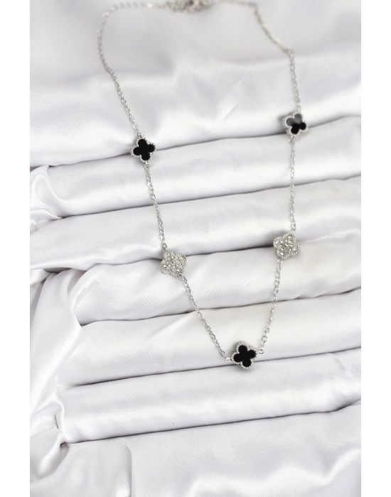 316l Çelik Zincir Gümüş Renk Siyah Ve Zirkon Taşlı Baby Boy Yonca Kadın Kolye - Bamido