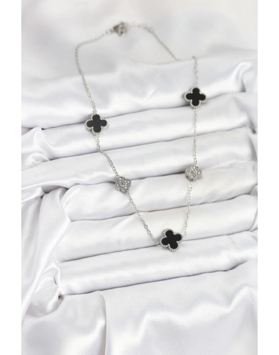 316l Çelik Zincir Gümüş Renk Siyah Ve Zirkon Taşlı Yonca Kadın Kolye - Bamido