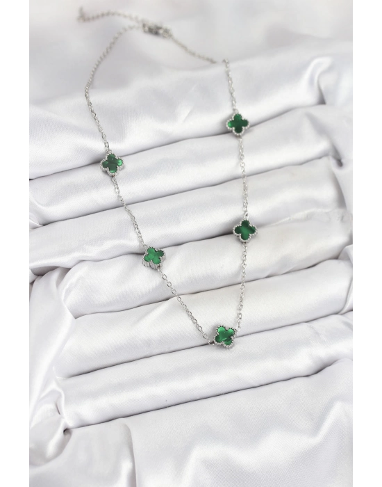 316l Çelik Zincir Gümüş Renk Yeşil Baby Boy Yonca Kadın Kolye - Bamido