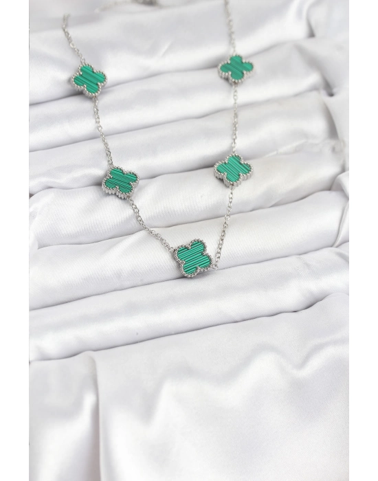 316l Çelik Zincir Gümüş Renk Yeşil Yonca Kadın Kolye - Bamido