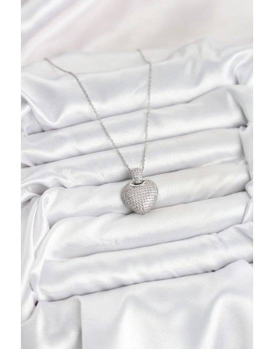 316l Çelik Zincir Gümüş Renk Zirkon Taşlı Kalpli Kadın Kolye - Bamido