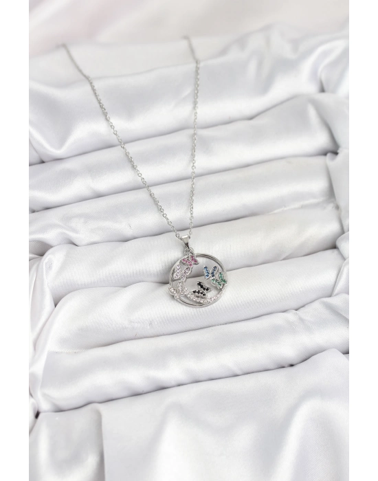 316l Çelik Zincir Gümüş Renk Zirkon Taşlı Kelebekli Kadın Kolye - Bamido