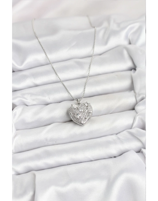 316l Çelik Zincir Gümüş Zirkon Taşlı Kalpli Kadın Kolye - Bamido