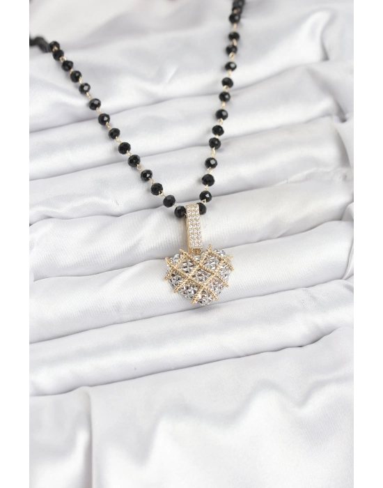 316l Çelik Zincir Kristal Boncuklu Kalpli Kadın Kolye - Bamido