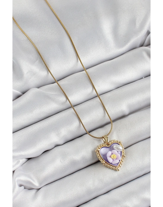 316l Çelik Zincir Mor Sanatsal Portre İnci Detaylı Papatya Figürlü Kalp Model Gold Renk Kadın Kolye - Bamido
