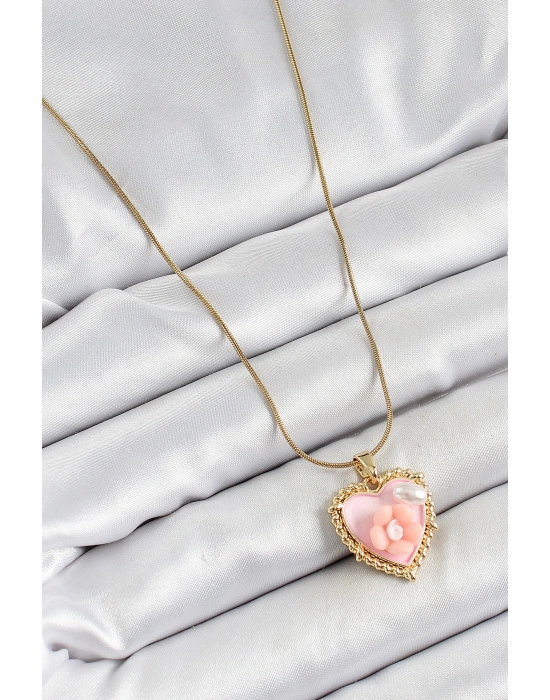 316l Çelik Zincir Pembe Sanatsal Portre İnci Detaylı Papatya Figürlü Kalp Model Gold Renk Kadın Kolye - Bamido