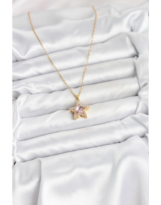 316l Çelik Zincir Pembe Taşlı Yıldız Model Kadın Kolye - Bamido