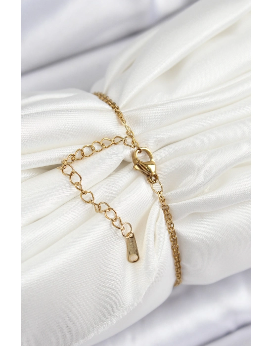 316l Çelik Zincir Turkuaz Mineli Sanatsal Portre İnci Detaylı Çiçek Model Gold Renk Kadın Bileklik - Bamido