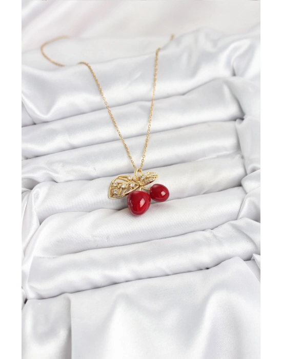316l Çelik Zincir Yapraklı Kiraz Model Gold Renk Kadın Kolye - Bamido