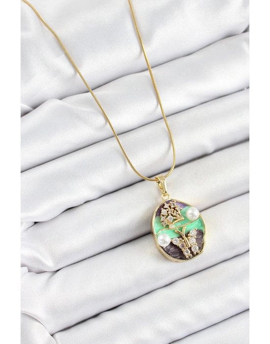 316l Çelik Zincir Zirkon Taşlı Yeşil Mor Sanatsal Portre İnci Detaylı Ağaç Ve Kelebek Figürlü Model Gold Renk Kadın Kolye - Bamido