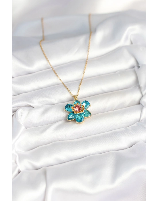 316l Çelik Zincirli Mavi Çiçek Model Kadın Kolye - Bamido