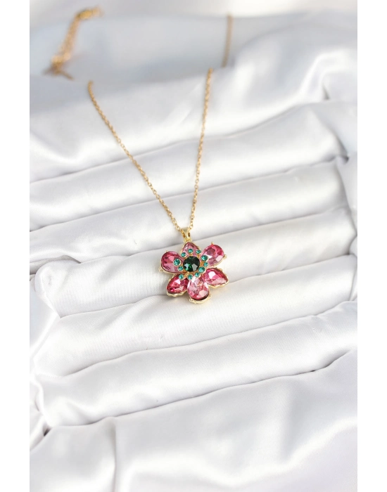 316l Çelik Zincirli Pembe Çiçek Model Kadın Kolye - Bamido