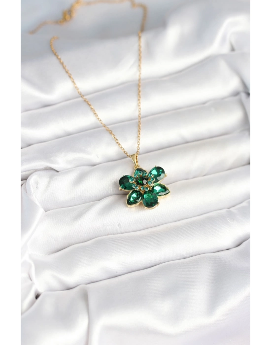 316l Çelik Zincirli Yeşil Çiçek Model Kadın Kolye - Bamido