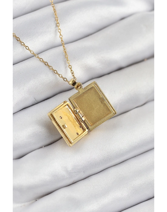 316l Çelik Zirkon Taşlı Açılabilr Kapaklı Kitap Model Gold Renk Kadın Kolye - Bamido