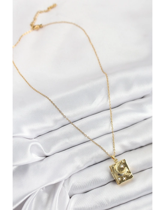 316l Çelik Zirkon Taşlı Açılabilr Kapaklı Kitap Model Gold Renk Kadın Kolye - Bamido