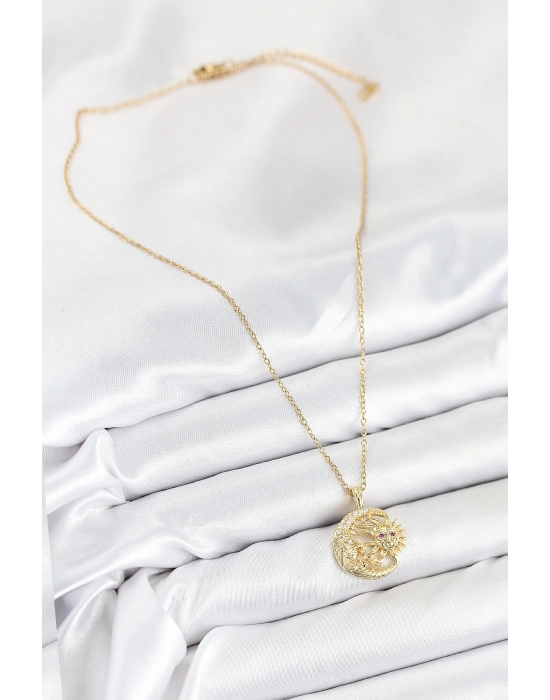 316l Çelik Zirkon Taşlı Ay Ve Güneş Model Gold Renk Kadın Kolye - Bamido