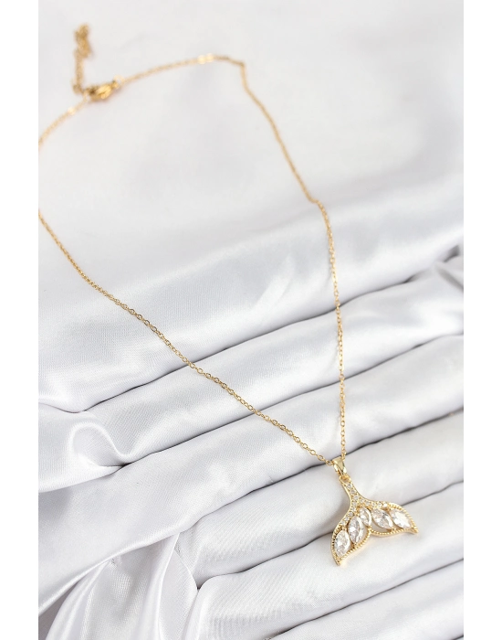 316l Çelik Zirkon Taşlı Balık Kuyruğu Model Gold Renk Kadın Kolye - Bamido