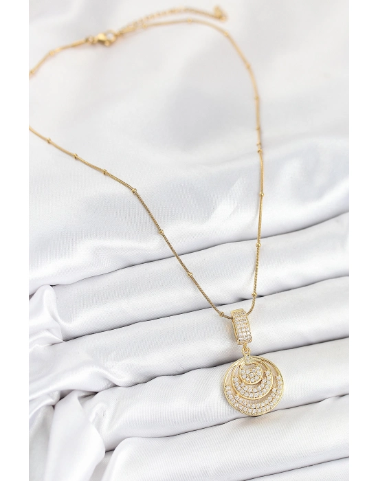 316l Çelik Zirkon Taşlı Çember Model Gold Renk Kadın Kolye - Bamido