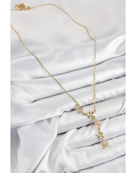 316l Çelik Zirkon Taşlı Çiçek Model Gold Renk Kadın Kolye - Bamido