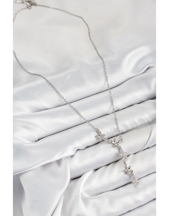 316l Çelik Zirkon Taşlı Çiçek Model Gümüş Renk Kadın Kolye - Bamido