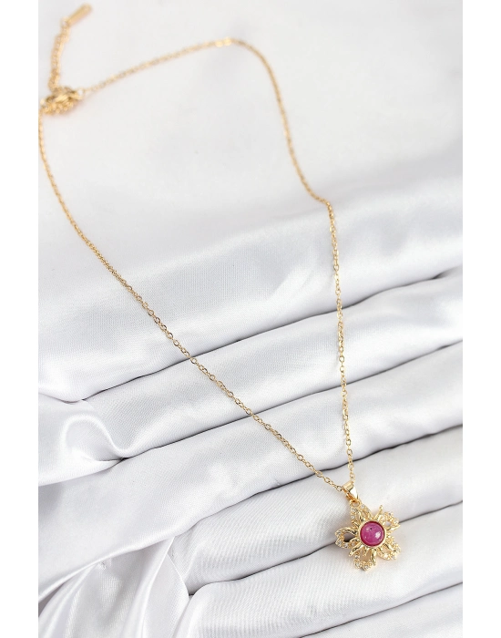 316l Çelik Zirkon Taşlı Döner Güneş Model Gold Renk Kadın Kolye - Bamido