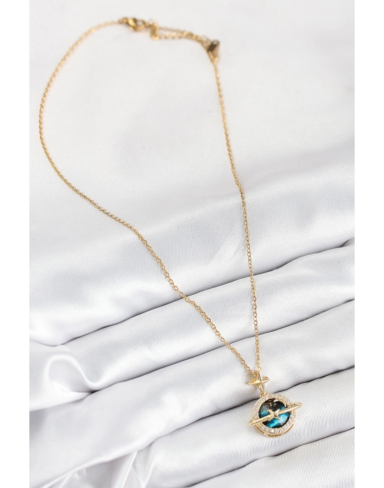 316l Çelik Zirkon Taşlı Gezegen Model Gold Renk Kadın Kolye - Bamido