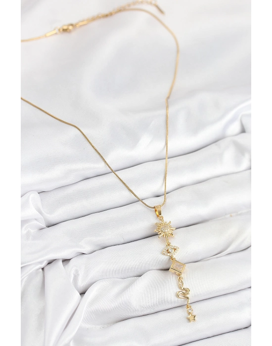 316l Çelik Zirkon Taşlı Güneş Ve Ay Enerji Model Gold Renk Kadın Kolye - Bamido