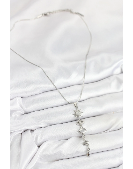 316l Çelik Zirkon Taşlı Güneş Ve Ay Enerji Model Gümüş Renk Kadın Kolye - Bamido