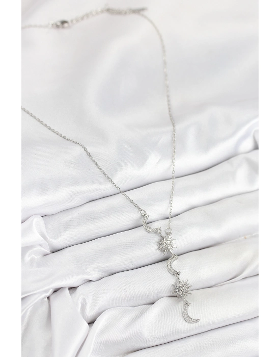 316l Çelik Zirkon Taşlı Güneş Ve Ay Model Gümüş Renk Kadın Kolye - Bamido