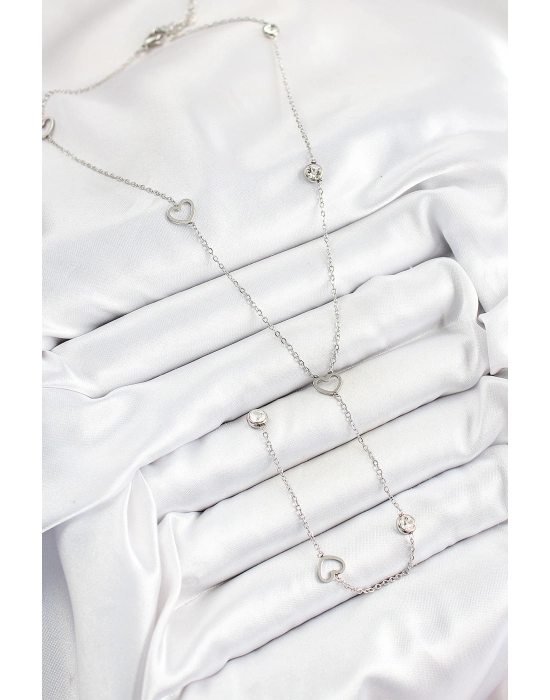 316l Çelik Zirkon Taşlı Kalp Figürlü Y Model Gümüş Renk Kadın Kolye - Bamido