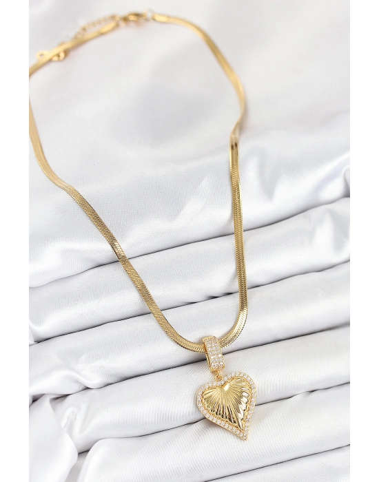 316l Çelik Zirkon Taşlı Kalp Model Gold Renk Kadın Kolye - Bamido