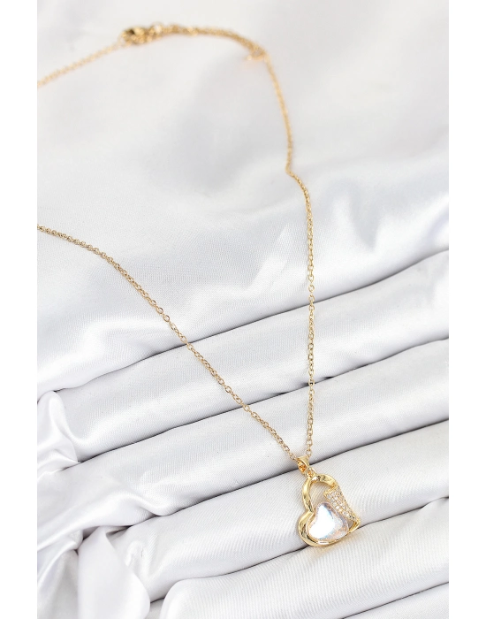 316l Çelik Zirkon Taşlı Kalp Model Gold Renk Kadın Kolye - Bamido