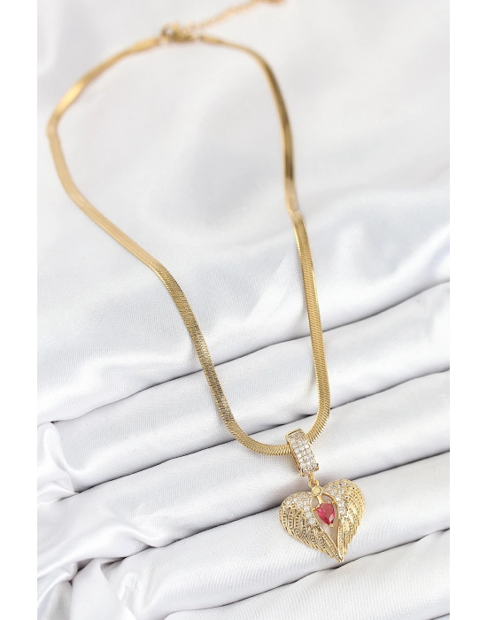 316l Çelik Zirkon Taşlı Kanatlı Kalp Model Gold Renk Kadın Kolye - Bamido