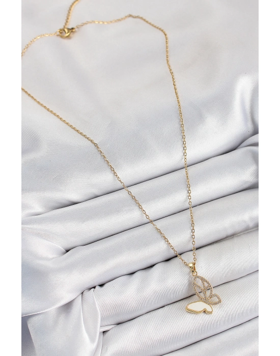 316l Çelik Zirkon Taşlı Kelebek Model Gold Renk Kadın Kolye - Bamido