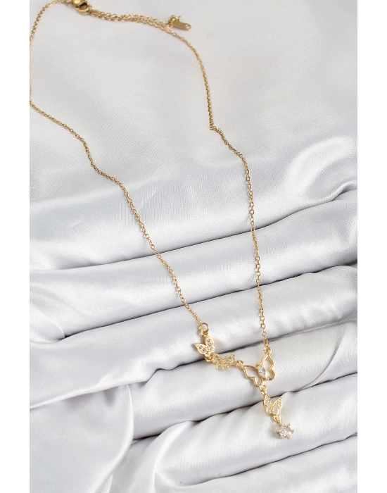 316l Çelik Zirkon Taşlı Kelebek Model Gold Renk Kadın Kolye - Bamido