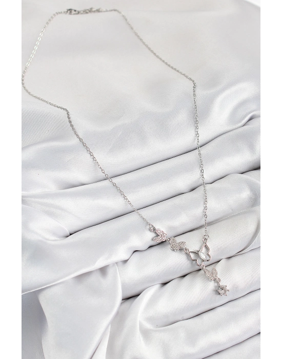 316l Çelik Zirkon Taşlı Kelebek Model Gümüş Renk Kadın Kolye - Bamido