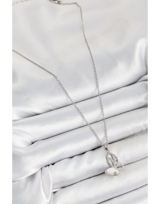 316l Çelik Zirkon Taşlı Kelebek Model Gümüş Renk Kadın Kolye - Bamido