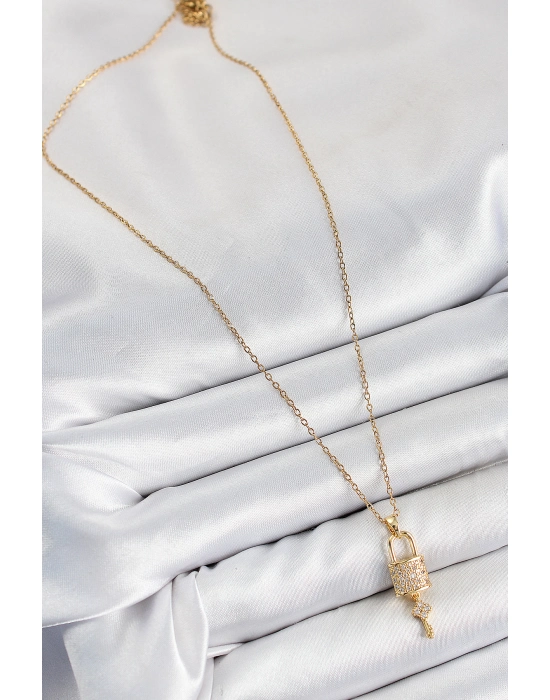 316l Çelik Zirkon Taşlı Kilit Ve Sallantılı Anahtar Model Gold Renk Kadın Kolye - Bamido