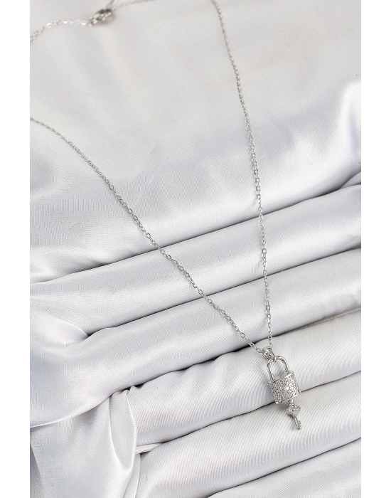 316l Çelik Zirkon Taşlı Kilit Ve Sallantılı Anahtar Model Gümüş Renk Kadın Kolye - Bamido