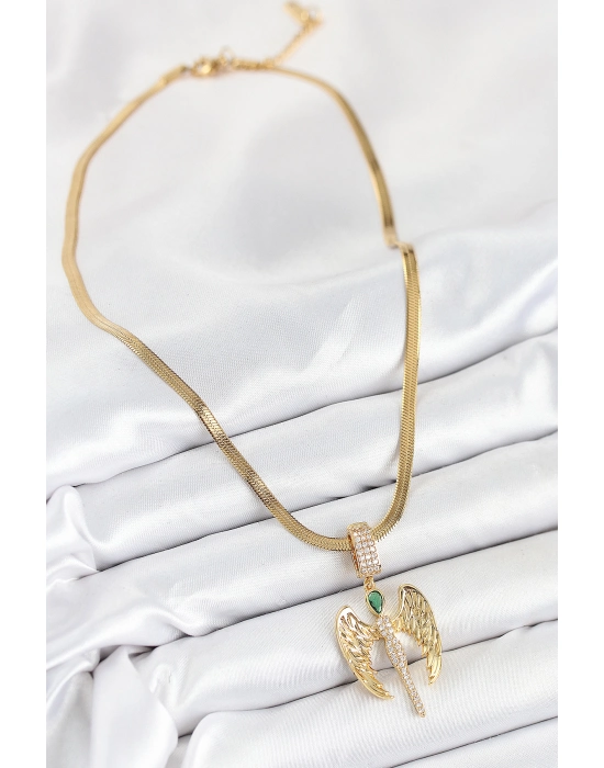 316l Çelik Zirkon Taşlı Melek Model Gold Renk Kadın Kolye - Bamido