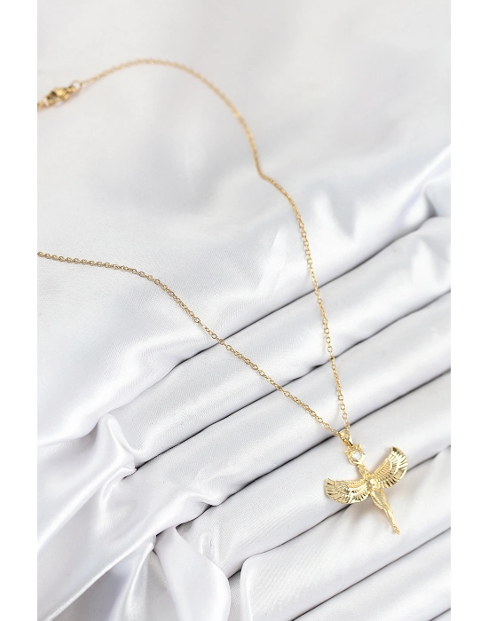 316l Çelik Zirkon Taşlı Melek Model Gold Renk Kadın Kolye - Bamido