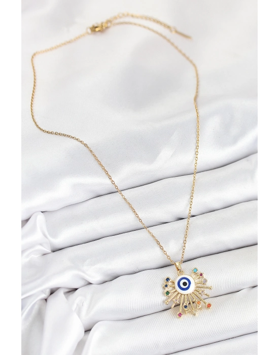 316l Çelik Zirkon Taşlı Nazar Model Gold Renk Kadın Kolye - Bamido