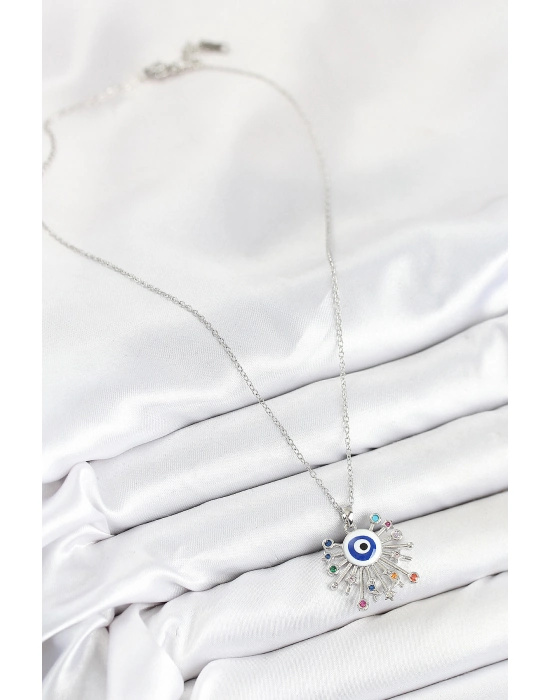 316l Çelik Zirkon Taşlı Nazar Model Gümüş Renk Kadın Kolye - Bamido