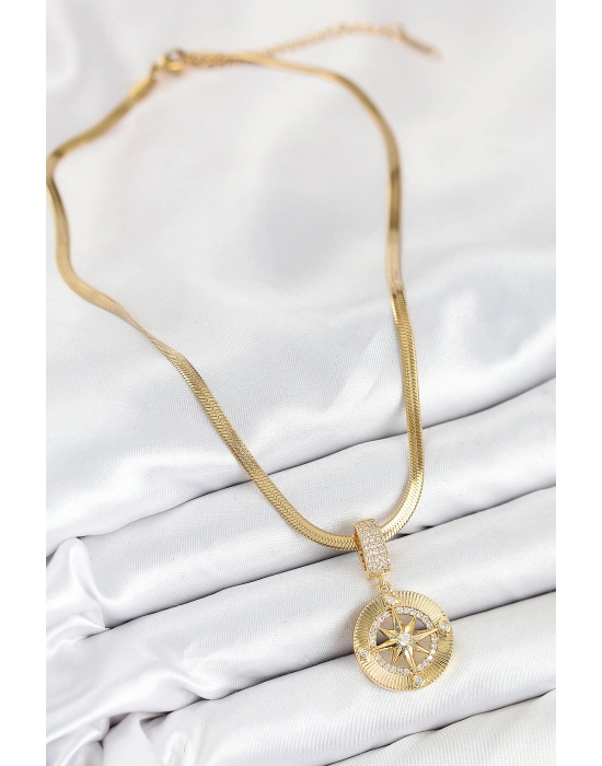 316l Çelik Zirkon Taşlı Pusula Model Gold Renk Kadın Kolye - Bamido