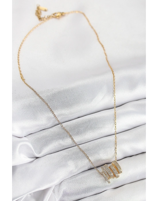 316l Çelik Zirkon Taşlı Sarmal Model Gold Renk Kadın Kolye - Bamido