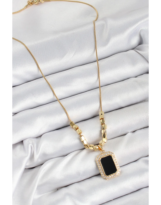 316l Çelik Zirkon Taşlı Siyah Baget Model Gold Renk Kadın Kolye - Bamido