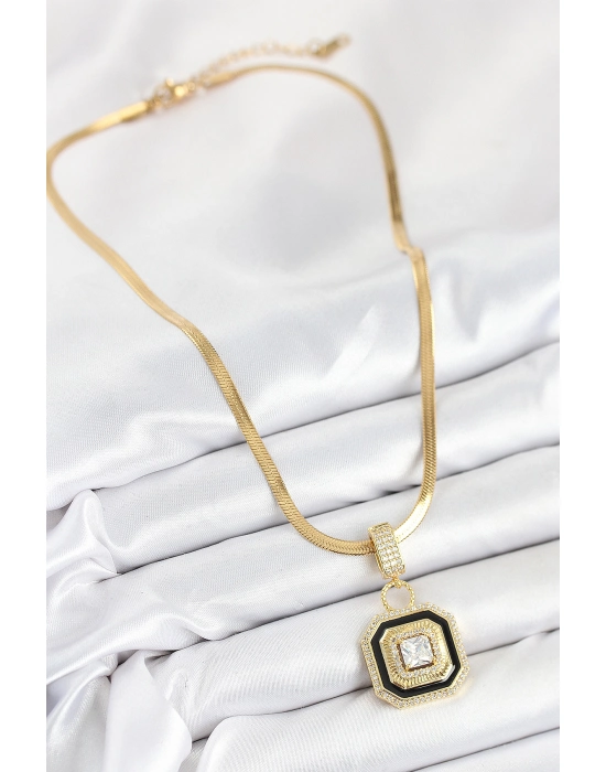 316l Çelik Zirkon Taşlı Siyah Detaylı Baget Model Gold Renk Kadın Kolye - Bamido