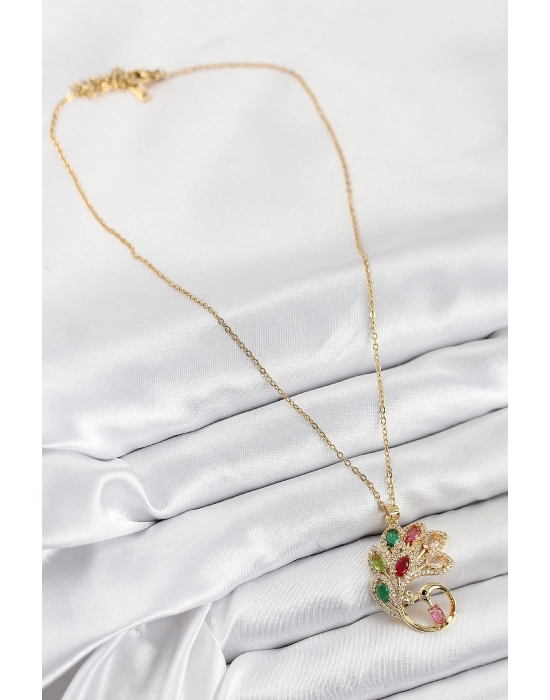 316l Çelik Zirkon Taşlı Tavus Kuşu Model Gold Renk Kadın Kolye - Bamido