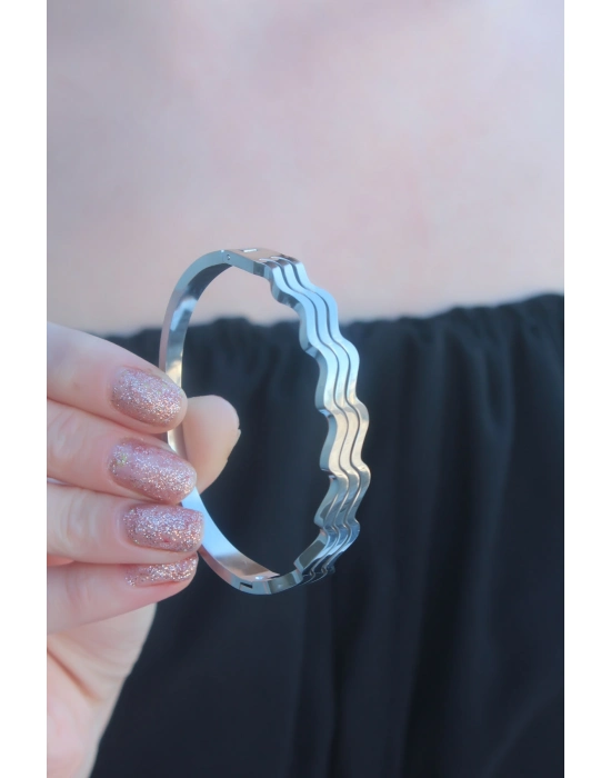 316l Kararmaz Çelik Gümüş Renk Dalga Model Kelepçe Kadın Bileklik - Bamido